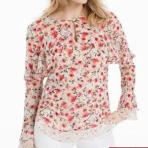 White House Black Market Calico Floral Ruffled Blouse Career WHBM Top  0